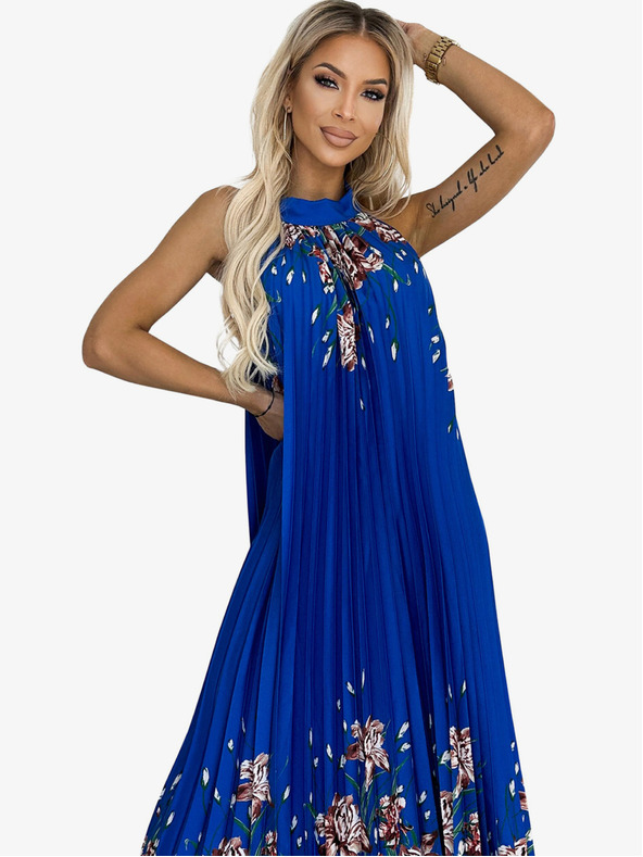 numoco Plissiertes Maxikleid aus Satin - Blau mit Blumen Numoco ESTER