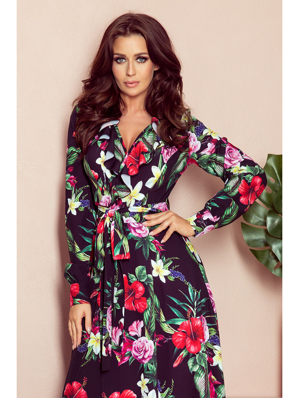 numoco Schwarzes langes Kleid mit Blumenmuster und Rüschenausschnitt Numoco