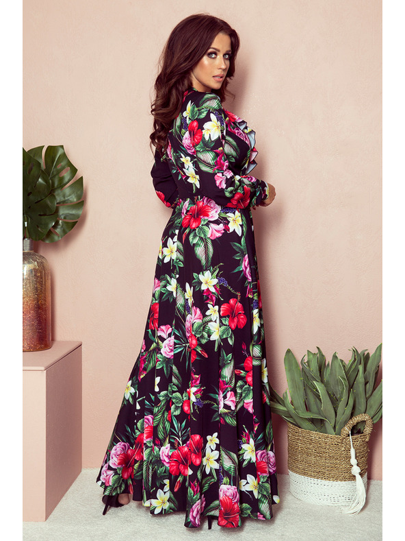 numoco Schwarzes langes Kleid mit Blumenmuster und Rüschenausschnitt Numoco