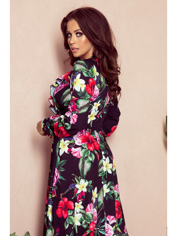 numoco Schwarzes langes Kleid mit Blumenmuster und Rüschenausschnitt Numoco