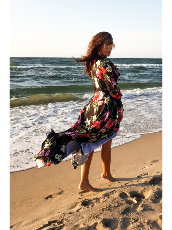 numoco Schwarzes langes Kleid mit Blumenmuster und Rüschenausschnitt Numoco