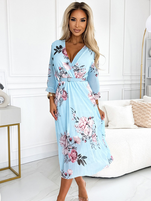 numoco Plissiertes Midikleid mit Ausschnitt und Gürtel - rosa auf blauem Grund Numoco YUNA