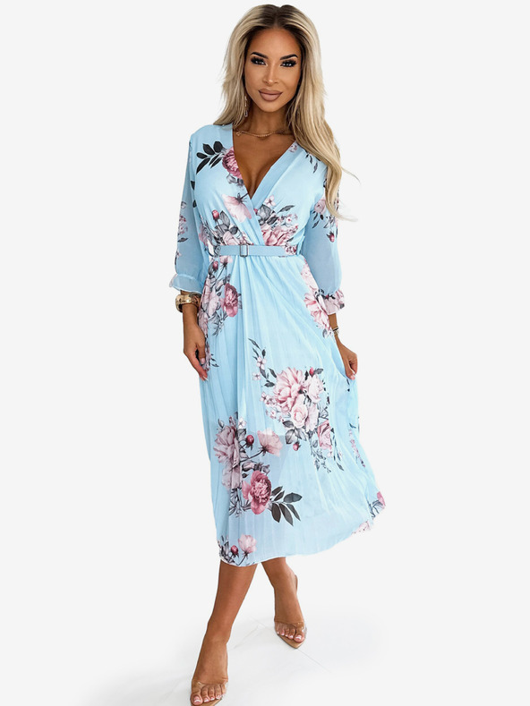 numoco Plissiertes Midikleid mit Ausschnitt und Gürtel - rosa auf blauem Grund Numoco YUNA