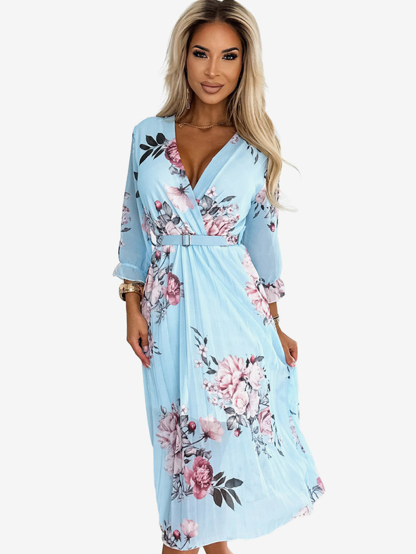 numoco Plissiertes Midikleid mit Ausschnitt und Gürtel - rosa auf blauem Grund Numoco YUNA