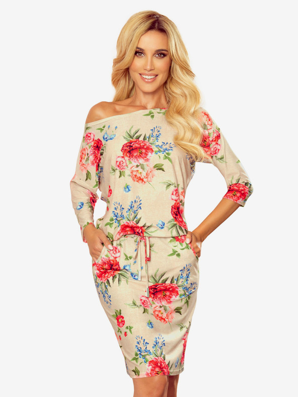 numoco Sportliches Kleid mit Taschen - Beige Leinen + rote Blumen Numoco