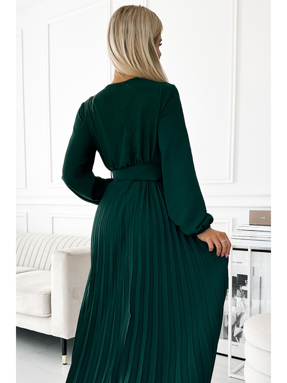 numoco VIVIANA Plissiertes Midikleid mit U-Boot-Ausschnitt, langen Ärmeln und breitem Gürtel - Grün Numoco