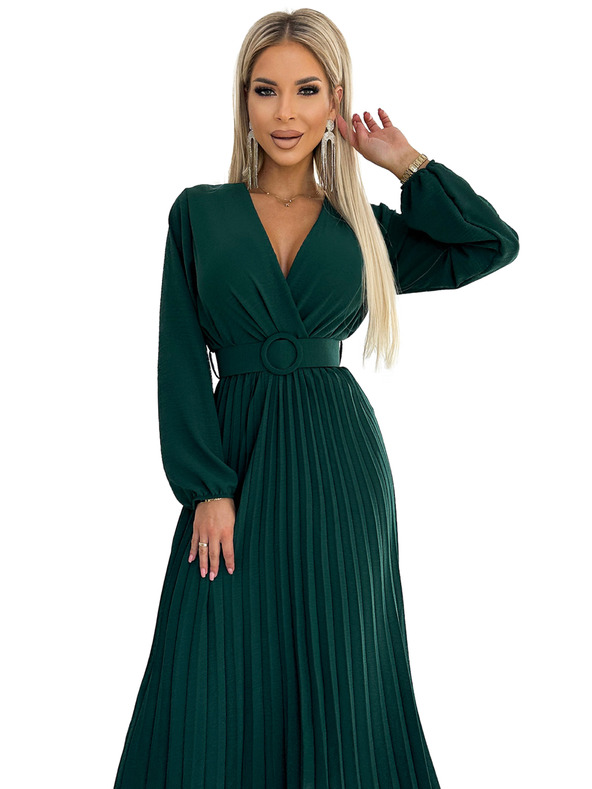 numoco VIVIANA Plissiertes Midikleid mit U-Boot-Ausschnitt, langen Ärmeln und breitem Gürtel - Grün Numoco