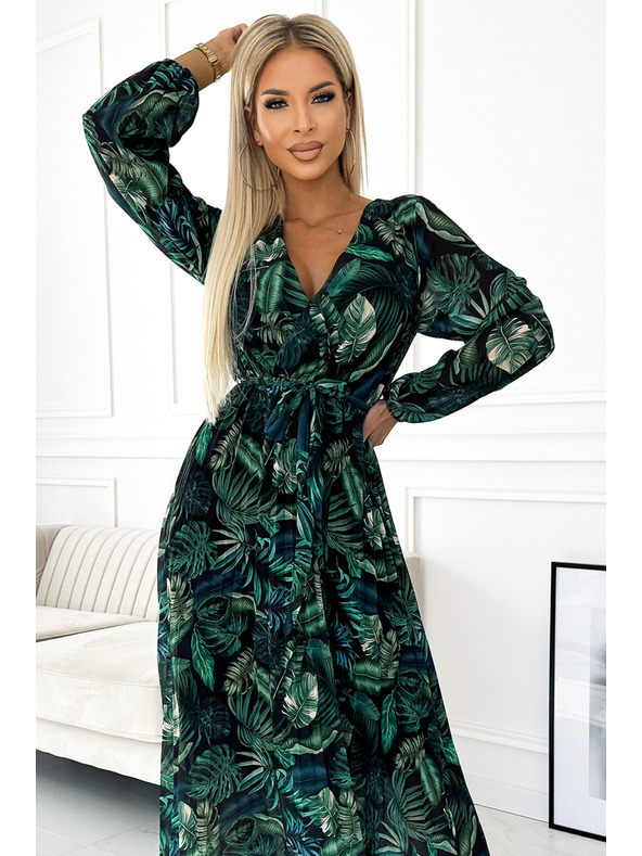 numoco Langes Kleid aus plissiertem Chiffon mit Ausschnitt, langen Ärmeln und Gürtel - grüne Blätter Numoco