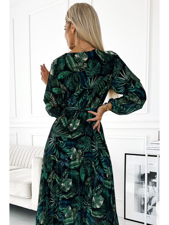 numoco Langes Kleid aus plissiertem Chiffon mit Ausschnitt, langen Ärmeln und Gürtel - grüne Blätter Numoco