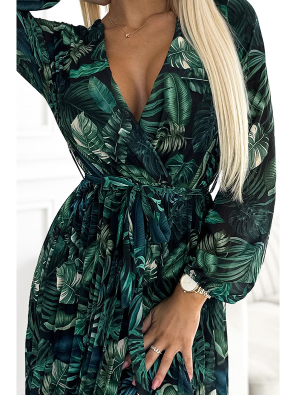 numoco Langes Kleid aus plissiertem Chiffon mit Ausschnitt, langen Ärmeln und Gürtel - grüne Blätter Numoco