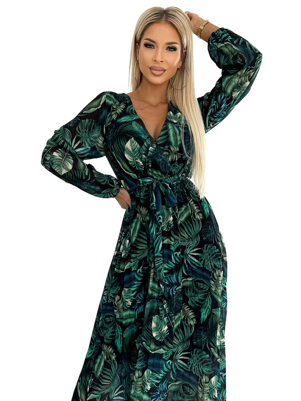 numoco Langes Kleid aus plissiertem Chiffon mit Ausschnitt, langen Ärmeln und Gürtel - grüne Blätter Numoco