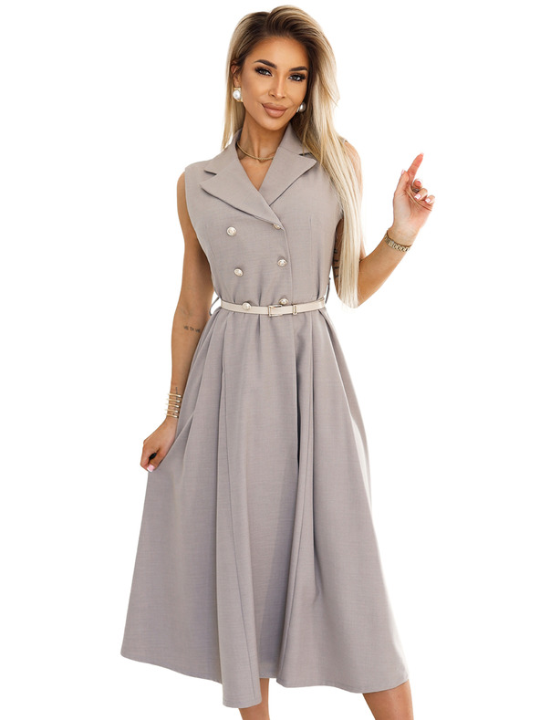 numoco Elegantes Midi-Hemdkleid mit goldenen Knöpfen und Gürtel - taupe