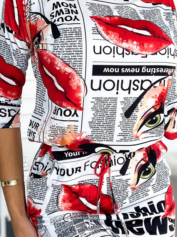 numoco Sportliches Kleid mit Taschen - Weiß mit roten Lippen Numoco