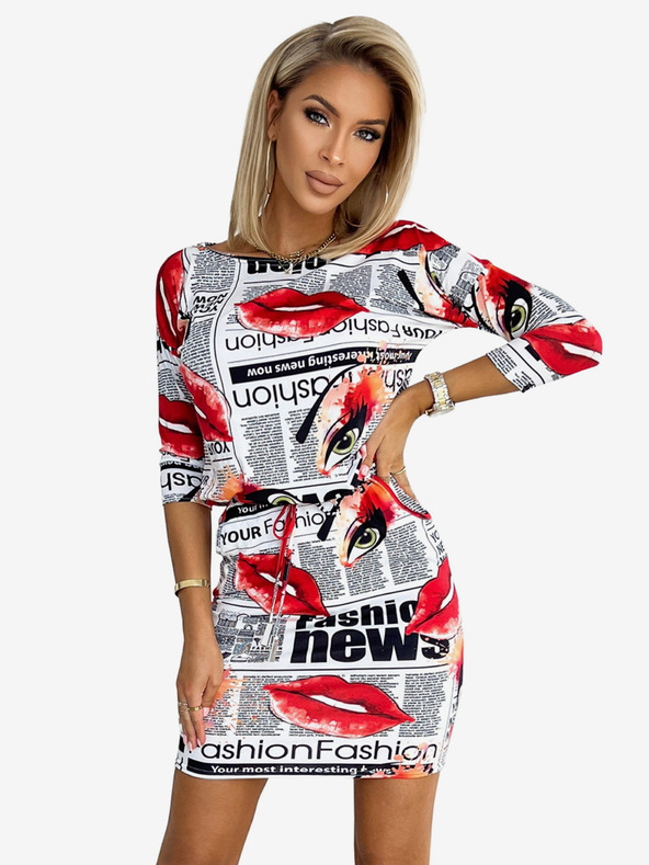 numoco Sportliches Kleid mit Taschen - Weiß mit roten Lippen Numoco