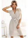 numoco Beigefarbenes Damen Chiffon Kleid mit Rüschenausschnitt Numoco