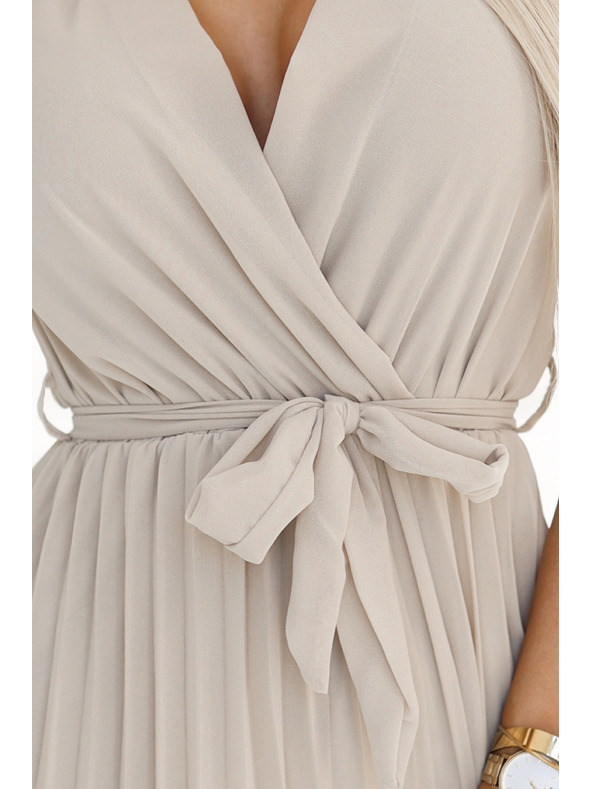 numoco Beigefarbenes Damen Chiffon Kleid mit Rüschenausschnitt Numoco