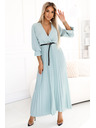 numoco Plissiertes Maxikleid mit Ausschnitt, Gürtel und 3/4 Ärmeln - Pastell Salbei