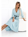 numoco Plissiertes Maxikleid mit Ausschnitt, Gürtel und 3/4 Ärmeln - Pastell Salbei