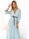 numoco Plissiertes Maxikleid mit Ausschnitt, Gürtel und 3/4 Ärmeln - Pastell Salbei