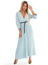 numoco Plissiertes Maxikleid mit Ausschnitt, Gürtel und 3/4 Ärmeln - Pastell Salbei