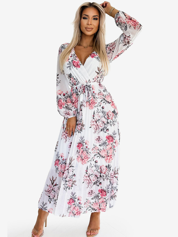 numoco Plissiertes Midikleid mit Sweetheart-Ausschnitt, langen Ärmeln und Gürtel - Weiß mit roten Rosen Numoco GEPPI