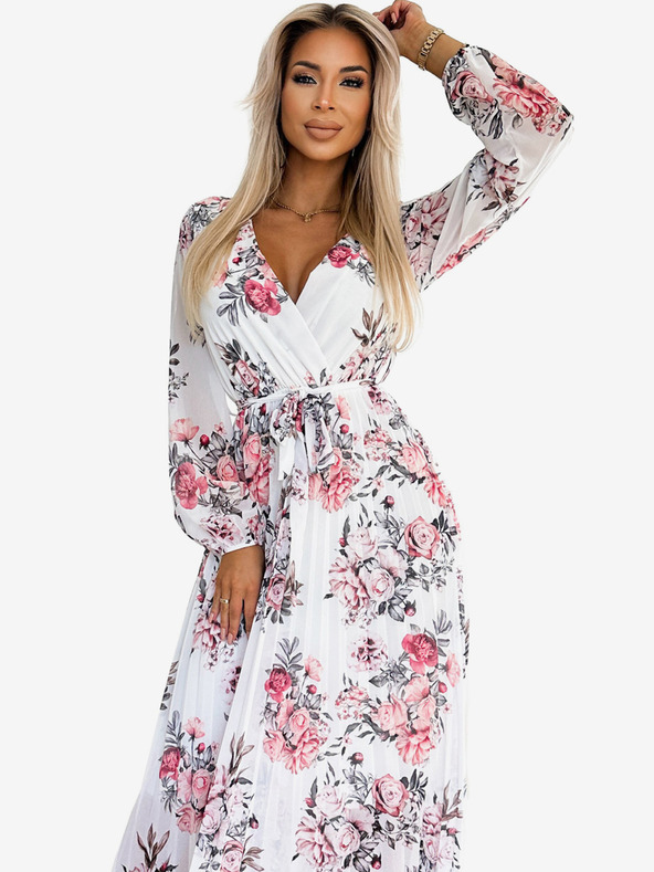 numoco Plissiertes Midikleid mit Sweetheart-Ausschnitt, langen Ärmeln und Gürtel - Weiß mit roten Rosen Numoco GEPPI