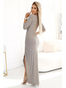 numoco 404-11 Glänzendes langes Kleid mit Ausschnitt und Beinschlitz - Grau und Beige mit Glitzer