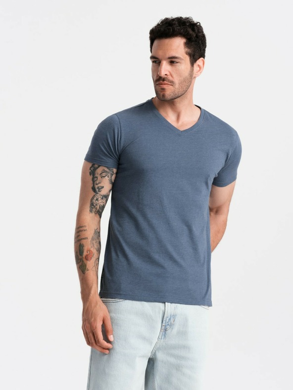 Ombre Clothing BASIC T-Shirt mit V-Ausschnitt aus klassischer Baumwolle - blau V18 OM-TSBS-0145 Ombre Clothing