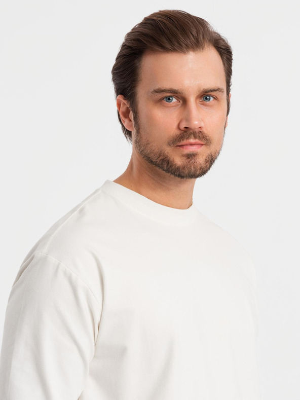 Ombre Clothing Herren LOOSE FIT Langarm T-Shirt mit Rundhalsausschnitt aus Baumwolle - Creme V2 OM-LSBC-0129 Ombre Clothing