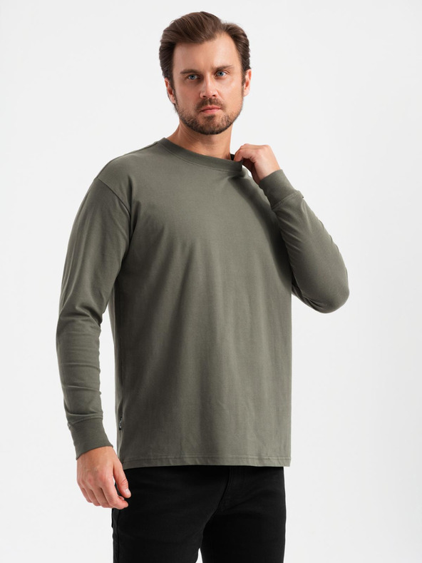 Ombre Clothing Herren Baumwoll-T-Shirt LOOSE FIT mit langen Ärmeln und Rundhalsausschnitt - grau-grün V3 OM-LSBC-0129 Ombre Clothing