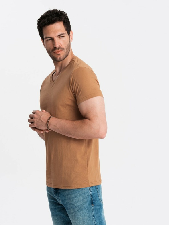 Ombre Clothing Klassisches Herren-Baumwoll-Shirt mit V-Ausschnitt BASIC - Braun V9 OM-TSBS-0145 Ombre Clothing