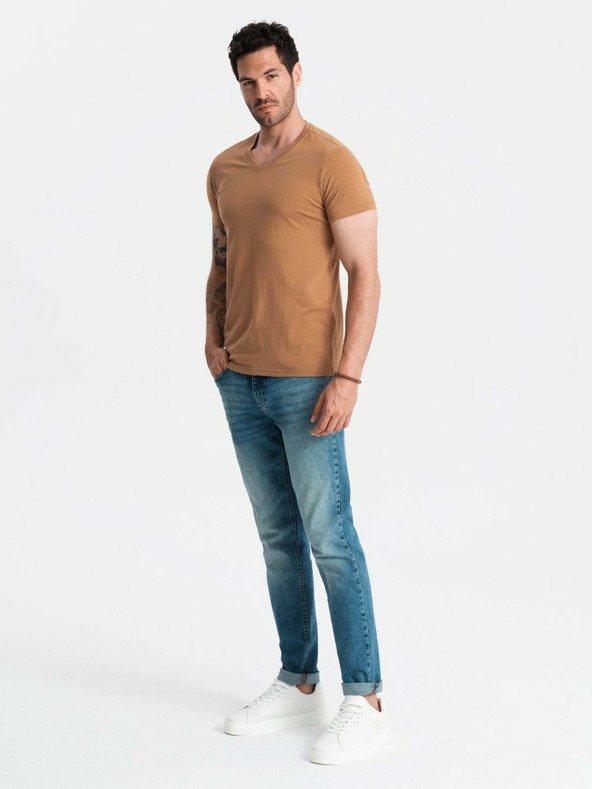 Ombre Clothing Klassisches Herren-Baumwoll-Shirt mit V-Ausschnitt BASIC - Braun V9 OM-TSBS-0145 Ombre Clothing