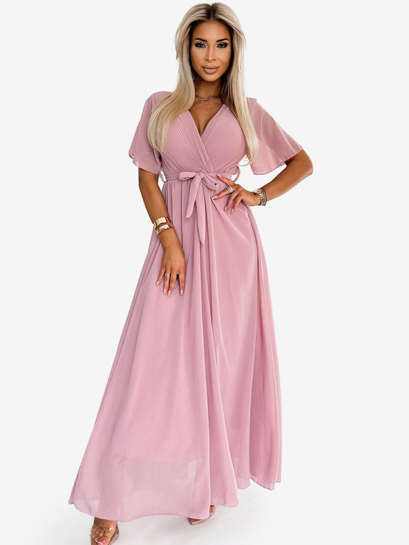 numoco Langes Kleid mit plissiertem Ausschnitt und Krawatte – puderrosa Numoco