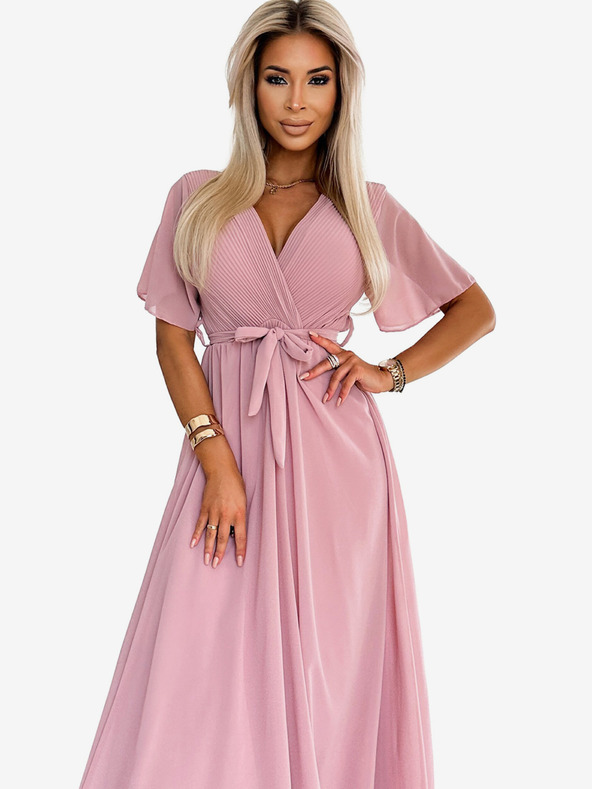 numoco Langes Kleid mit plissiertem Ausschnitt und Krawatte – puderrosa Numoco