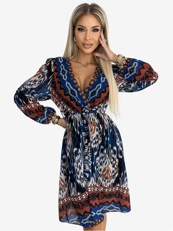 numoco Langärmeliges Chiffonkleid mit Rundhalsausschnitt und langen Ärmeln - Indianermuster Numoco