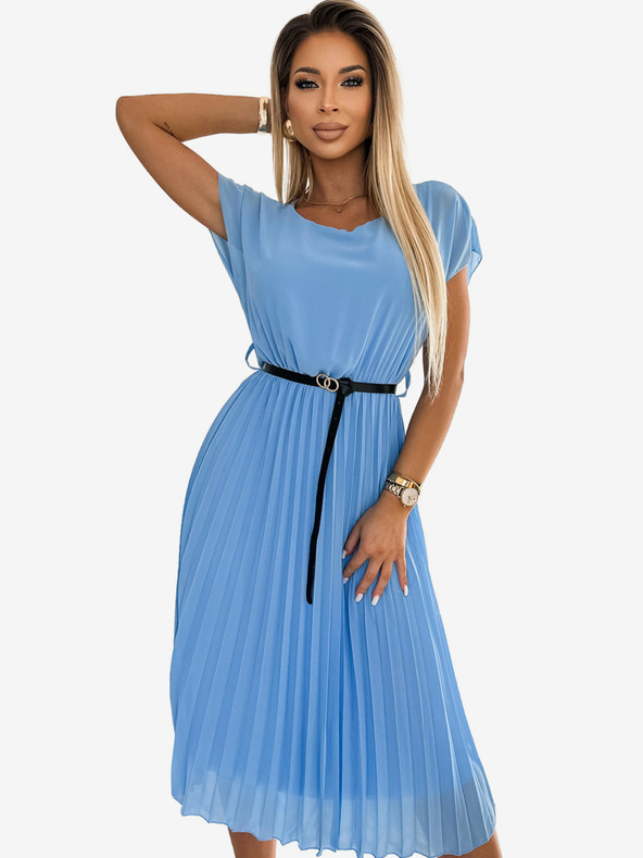 numoco Plissiertes Midikleid mit schwarzem Gürtel - hellblau Numoco