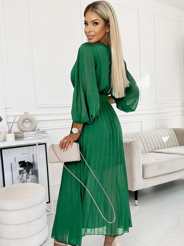 numoco 414-3 KLARA gerüschtes Kleid mit Gürtel und Ausschnitt - grün