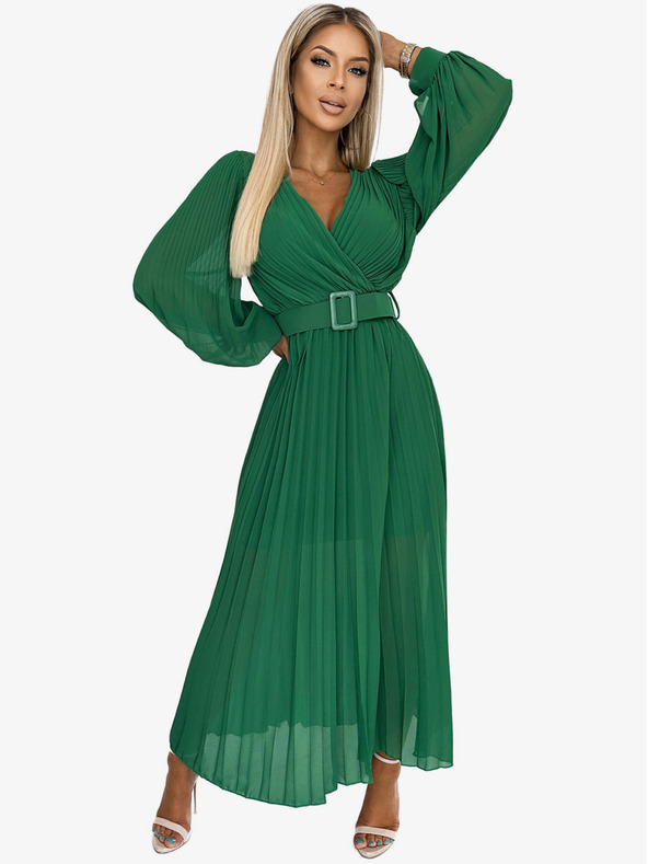 numoco 414-3 KLARA gerüschtes Kleid mit Gürtel und Ausschnitt - grün