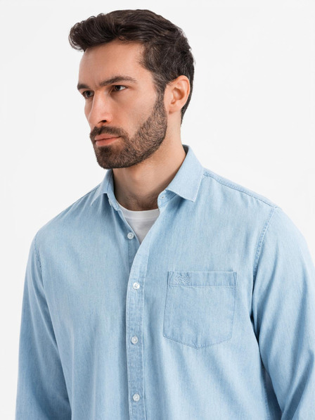 Ombre Clothing Herrenhemd aus besticktem Denim mit Tasche - hellblau Ombre Clothing