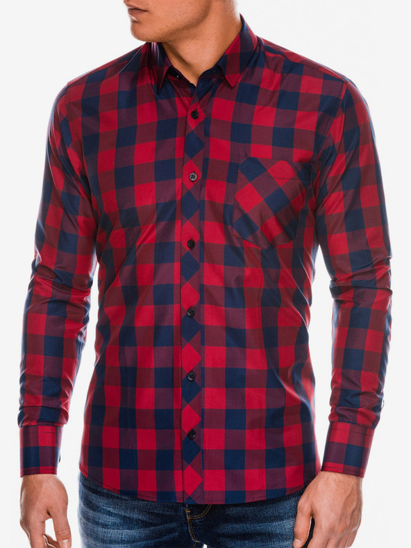 Ombre Clothing Herren Karohemd mit langen Ärmeln K282 - Rot/Marineblau