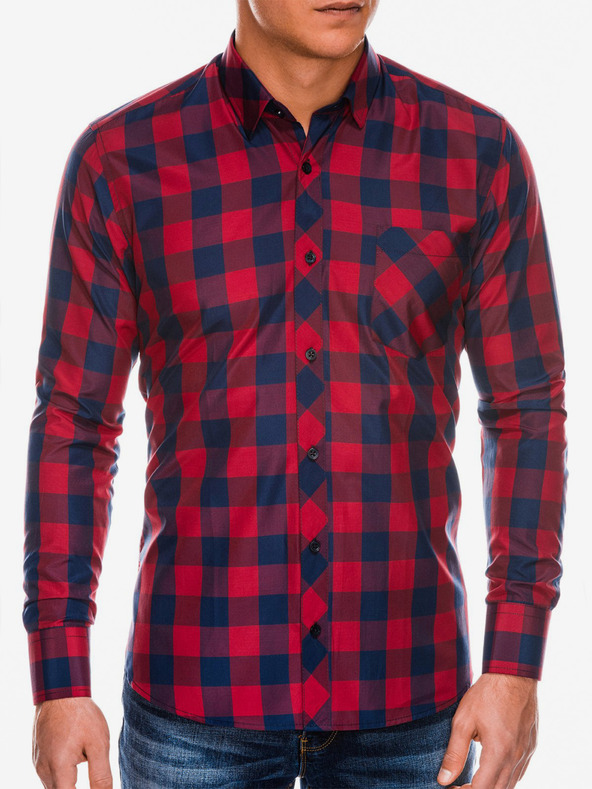 Ombre Clothing Herren Karohemd mit langen Ärmeln K282 - Rot/Marineblau