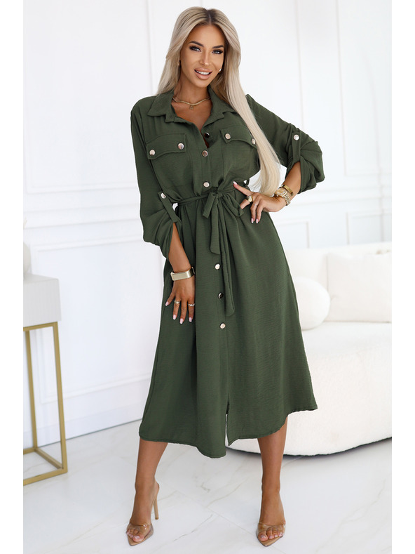 numoco 531-5 Midi-Hemdblusenkleid mit goldenen Knöpfen und Krawatte - KHAKI