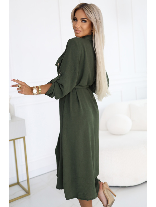 numoco 531-5 Midi-Hemdblusenkleid mit goldenen Knöpfen und Krawatte - KHAKI