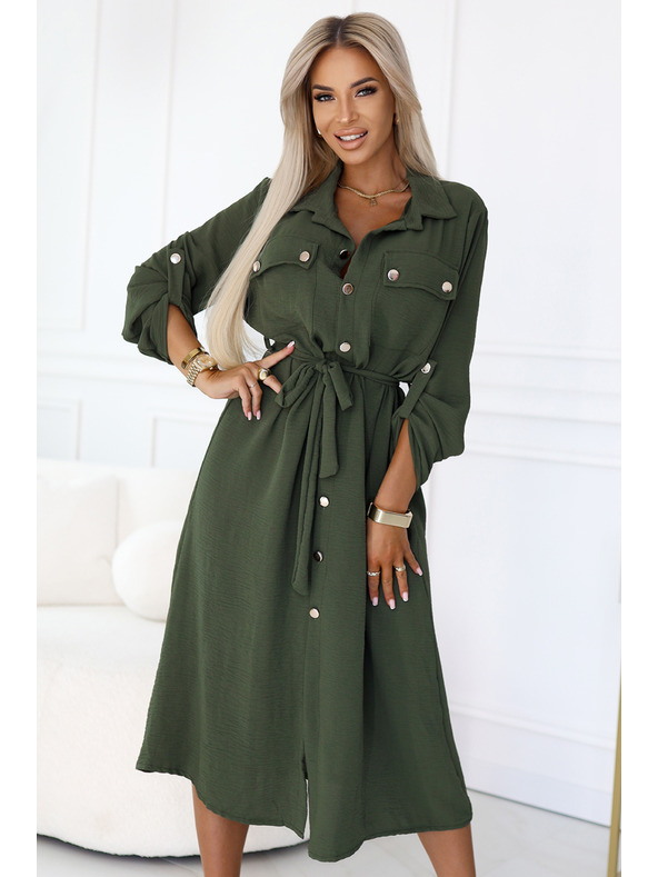 numoco 531-5 Midi-Hemdblusenkleid mit goldenen Knöpfen und Krawatte - KHAKI