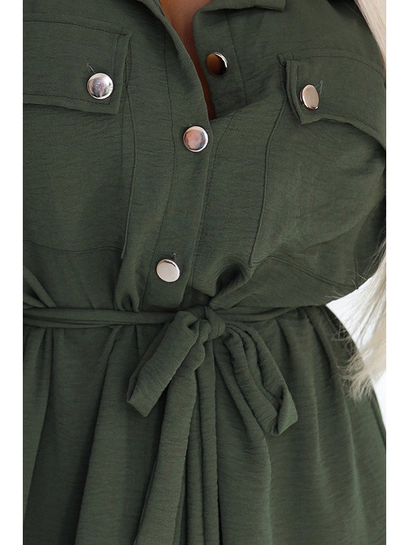 numoco 531-5 Midi-Hemdblusenkleid mit goldenen Knöpfen und Krawatte - KHAKI