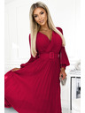 numoco 414-9 KLARA Gerafftes Kleid mit Gürtel und Ausschnitt - Weinrot