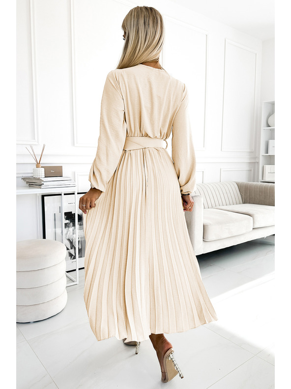 numoco 504-7 VIVIANA Plissiertes Midi-Kleid mit V-Ausschnitt, langen Ärmeln und breitem Gürtel - Hellbeige