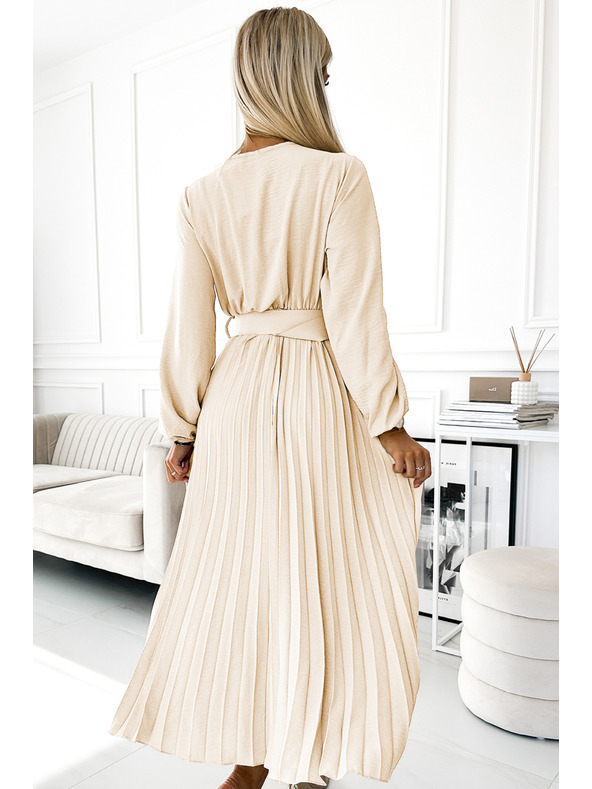 numoco 504-7 VIVIANA Plissiertes Midi-Kleid mit V-Ausschnitt, langen Ärmeln und breitem Gürtel - Hellbeige