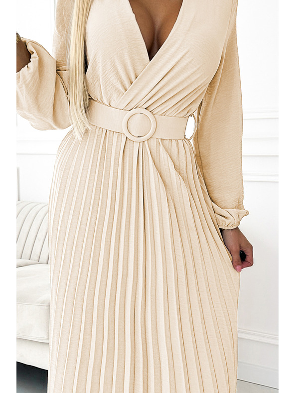 numoco 504-7 VIVIANA Plissiertes Midi-Kleid mit V-Ausschnitt, langen Ärmeln und breitem Gürtel - Hellbeige