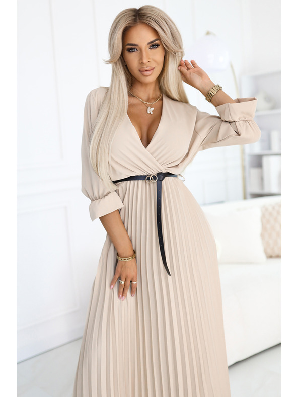 numoco 462-5 SERENA Plissiertes Maxi-Kleid mit Ausschnitt, Gürtel und 3/4-Ärmeln - DUNKEL BEIGE